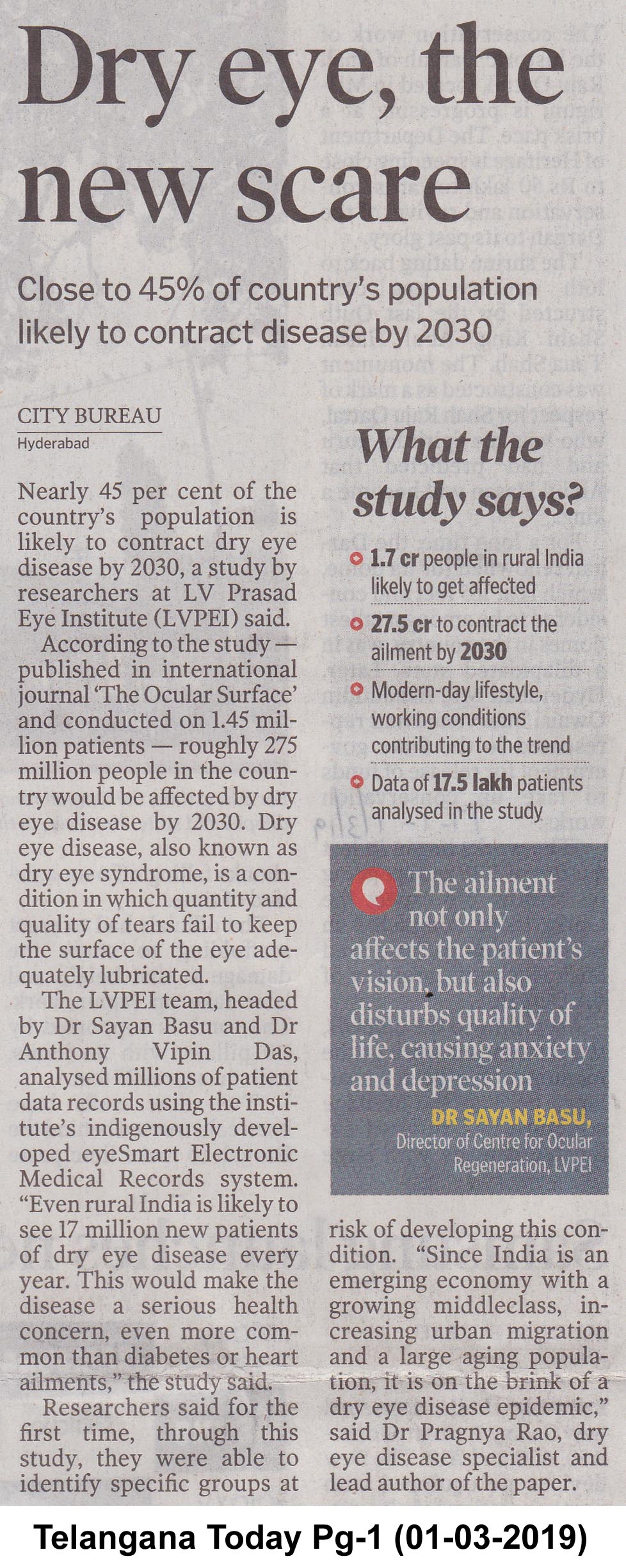 Dry eye disease to affect 50% urban Indians by 2030: Hyderabad's LV Prasad  Eye Institute- The New Indian Express