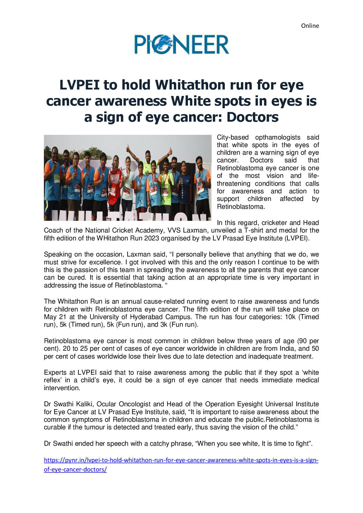 VVS Laxman to Unveil L V Prasad Eye Institute's WHITATHON Run T-shirt –  Medgate Today